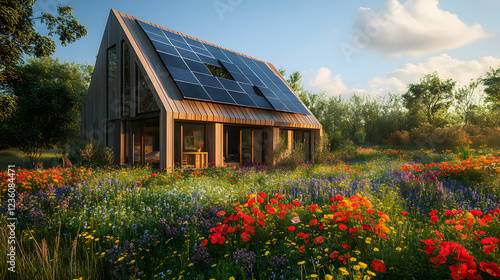 A sustainable eco-house with solar panels and natural landscaping, designed to minimize energy consumption while harmonizing with the environment. photo