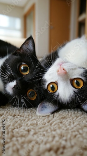 Two playful cats with large, curious eyes, alternating black and white coats, wrestling on a soft carpet in a tidy house.