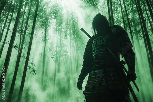 A lone samurai in intricately detailed armor stands in a misty bamboo forest, gripping a katana photo