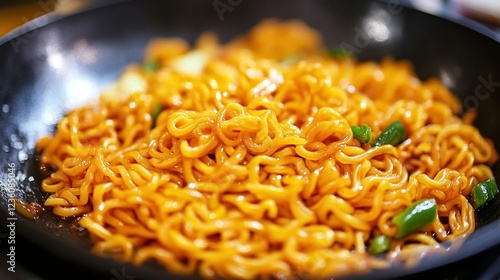 Yellow noodles being sauted in a frying pan, with garlic, onions, and green peppers adding to the aroma. photo