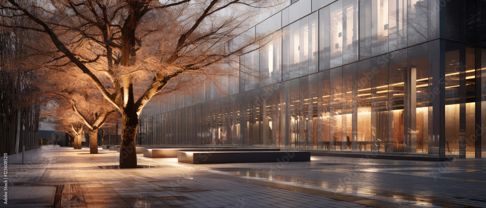 Fototapeta premium Serene Urban Park at Twilight by Modern Building