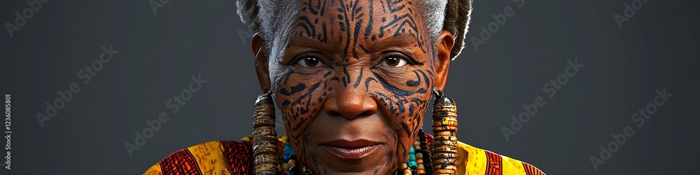 Afrocentric elder with deep facial markings vibrant clothing and cultural artifacts Afrocentric elder with deep facial markings vibrant clothing and cultural artifacts