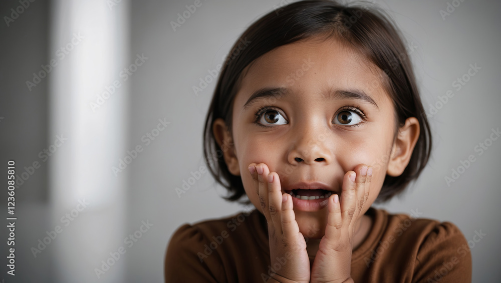 Young girl expresses surprise with hands on her cheeks in a soft-lit indoor setting Young girl expresses surprise with hands on her cheeks in a soft-lit indoor setting