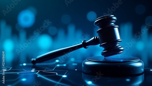 Digital courtroom gavel, cybernetic justice, futuristic legal system, holographic law symbols, data streams, technological judgmen