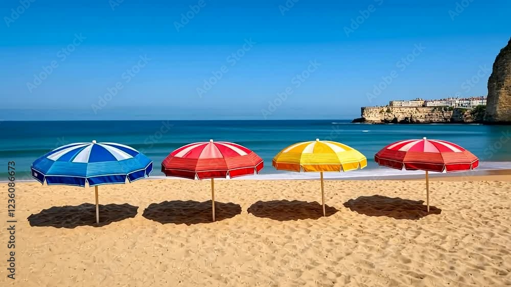 Colorful umbrellas line a sandy beach under clear skies, ideal for summer vacations and beach holidays Colorful umbrellas line a sandy beach under clear skies, ideal for summer vacations and beach holidays