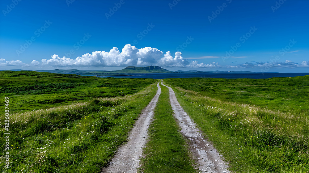 Scenic coastal road, island view, sunny day, travel Scenic coastal road, island view, sunny day, travel