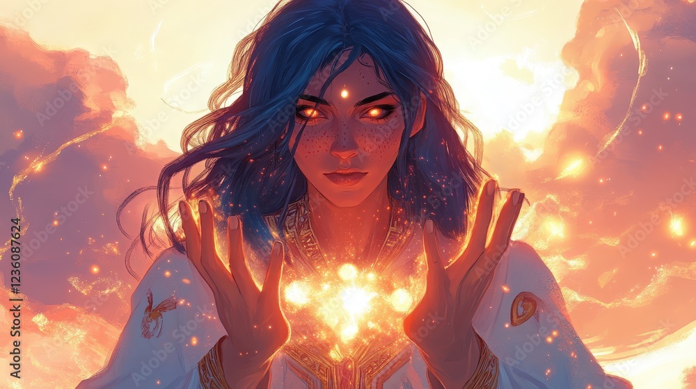 A mystical sorceress bathed in golden hour sunlight, wearing a flowing robe adorned with ancient symbols. Her hands emit a soft, celestial glow as she conjures ethereal light orbs A mystical sorceress bathed in golden hour sunlight, wearing a flowing robe adorned with ancient symbols. Her hands emit a soft, celestial glow as she conjures ethereal light orbs