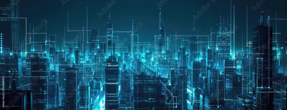 Futuristic City Skyline with Digital Network Overlay Futuristic City Skyline with Digital Network Overlay