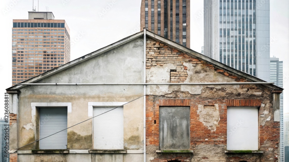 A glimpse into the past, a crumbling facade juxtaposed with the modern steel and glass giants in the urban landscape. A glimpse into the past, a crumbling facade juxtaposed with the modern steel and glass giants in the urban landscape.