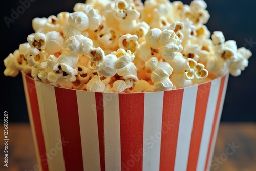 A bucket of popcorn placed on a table, perfect for movie nights or snack time photo