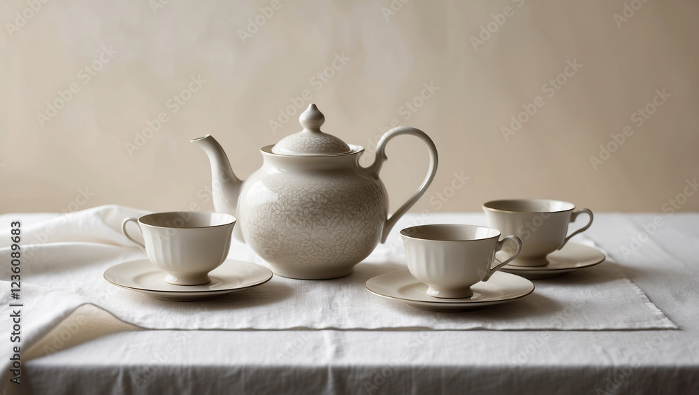 Elegant tea set arranged on a white tablecloth with soft lighting for a serene afternoon gathering Elegant tea set arranged on a white tablecloth with soft lighting for a serene afternoon gathering