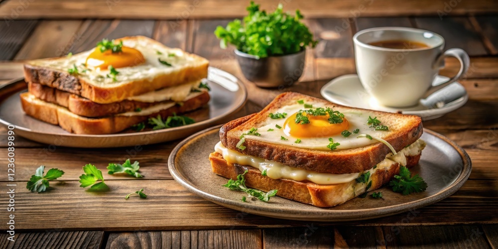 Fried egg sandwich with cheese on toasted bread served with a cup of coffee on a wooden table Fried egg sandwich with cheese on toasted bread served with a cup of coffee on a wooden table