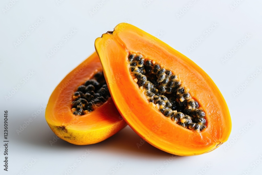 Fresh papaya cut in half, lying on a clean white surface Fresh papaya cut in half, lying on a clean white surface
