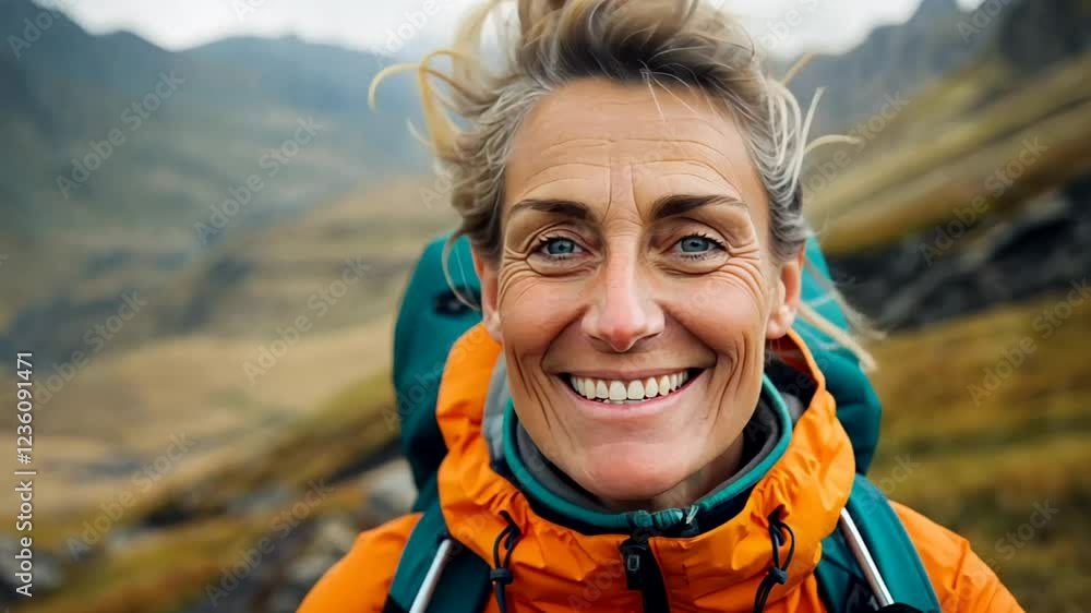 A Senior Caucasian woman hiker smiles brightly against a mountainous landscape backdrop, capturing adventure and exploration A Senior Caucasian woman hiker smiles brightly against a mountainous landscape backdrop, capturing adventure and exploration