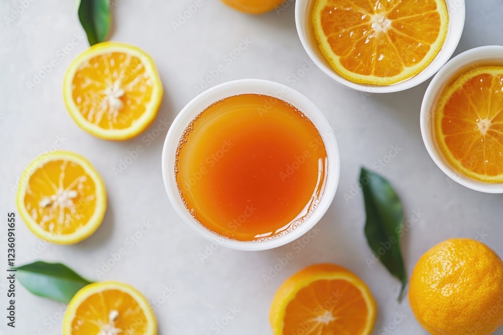 A cozy scene with a cup of tea surrounded by oranges and leaves A cozy scene with a cup of tea surrounded by oranges and leaves