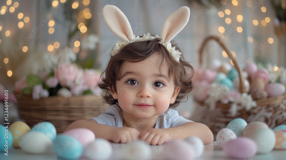 Close up of cute little boy wearing bunny ears headband, table with basket and dyed Easter eggs, Happy Easter Close up of cute little boy wearing bunny ears headband, table with basket and dyed Easter eggs, Happy Easter