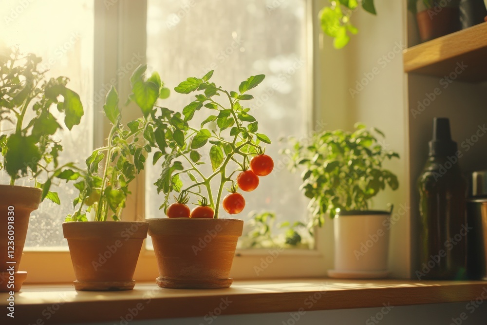 Homegrown small bush of balcony cherry red tomato in clay pot growing with houseplants at kitchen at home. Indoor farming and gardening. Dwarf potted tomatoes plant in apartment Homegrown small bush of balcony cherry red tomato in clay pot growing with houseplants at kitchen at home. Indoor farming and gardening. Dwarf potted tomatoes plant in apartment
