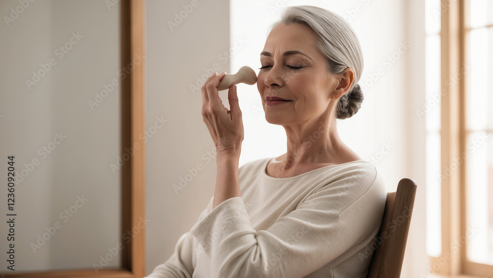 Older woman practices skincare routine in a bright indoor space during daytime Older woman practices skincare routine in a bright indoor space during daytime