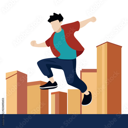 Cartoon guy frozen in a jump against the background of urban development, parkour, healthy sports lifestyle, flat style, isolate on white