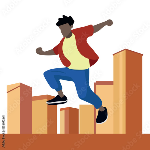 Cartoon African American guy frozen in a jump against the background of urban development, parkour, healthy sports lifestyle, flat style, isolate on white