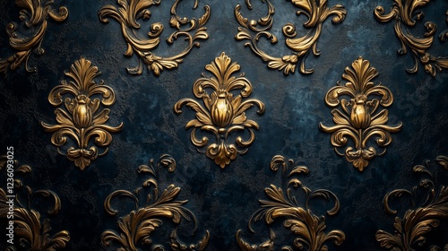 Elegant gold and navy floral relief design with intricate ornamental detail, perfect for luxury or classic themes.