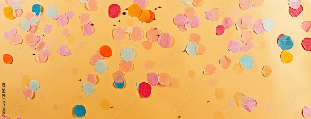 Colorful Confetti Scattered on Vibrant Yellow Surface Colorful Confetti Scattered on Vibrant Yellow Surface