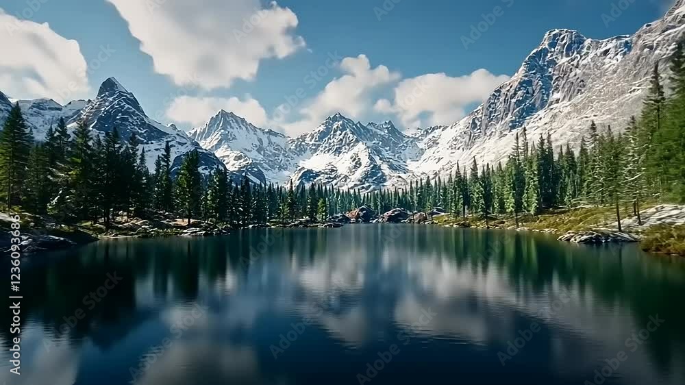 Serene mountain lake reflecting snowy peaks and trees Serene mountain lake reflecting snowy peaks and trees