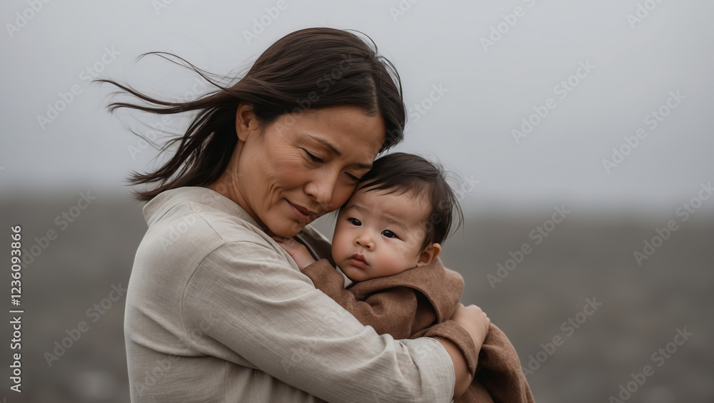 Fototapeta premium Loving mother embraces her baby on a chilly day by the beach