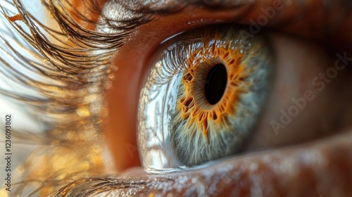 A detailed shot of an individual's eye featuring lengthy eyelashes
