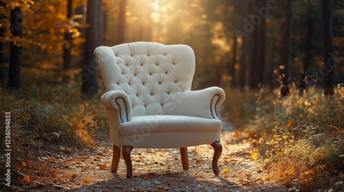 An elegant chair placed on a forest trail during early autumn, with sunlight streaming through the trees 