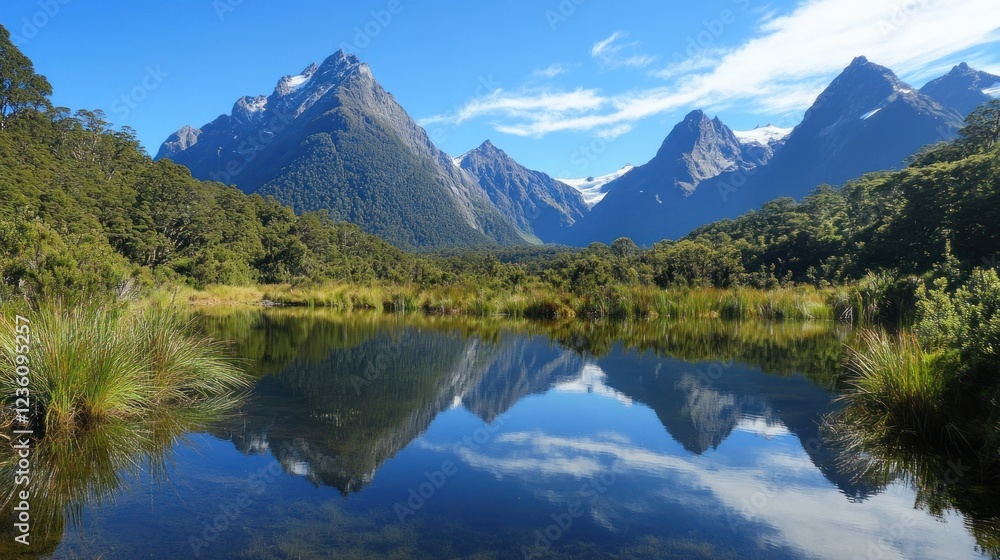 Fototapeta premium A serene landscape featuring mountains, a clear lake, and lush greenery under a blue sky.