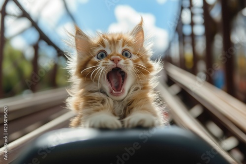 Funny cute cat riding a rollercoaster, the kitten's fur is blowing by wind