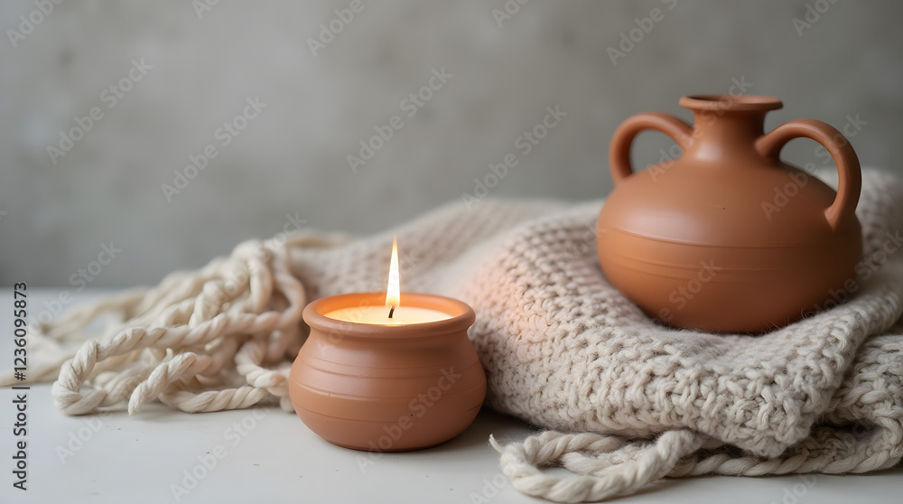 Fototapeta premium Cozy Aesthetic: Handmade Pottery, Flickering Candle, and Soft Cashmere Blanket on a Warm Grey Background – Relaxing Mood & Style