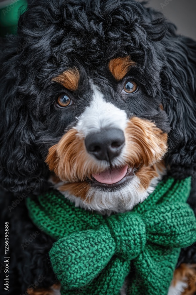 A close-up shot of a dog wearing a green bow tie, perfect for pet-related or fashion-themed projects A close-up shot of a dog wearing a green bow tie, perfect for pet-related or fashion-themed projects