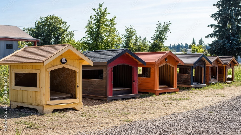 Colorful Dog Houses in a Row on a Sunny Day Outdoors Colorful Dog Houses in a Row on a Sunny Day Outdoors