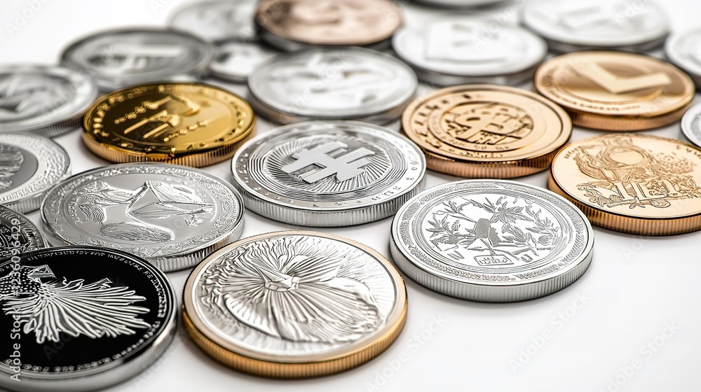 A pile of assorted coins from various countries, displayed on a white background A pile of assorted coins from various countries, displayed on a white background