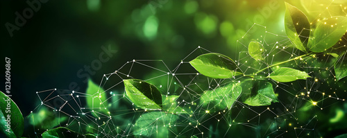 Lush green leaves intertwined with digital connections representing nature and technology