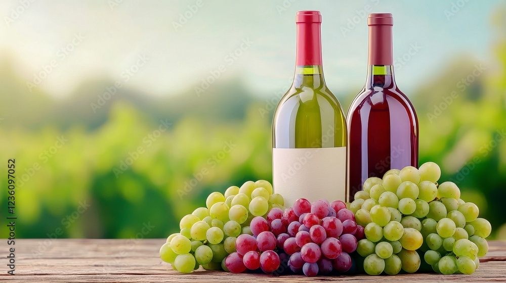 Red and White Wine Bottles with Grapes on Wooden Table Red and White Wine Bottles with Grapes on Wooden Table