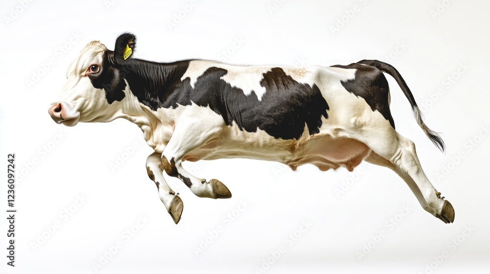 A cow jumps high into the air with its legs tucked under A cow jumps high into the air with its legs tucked under