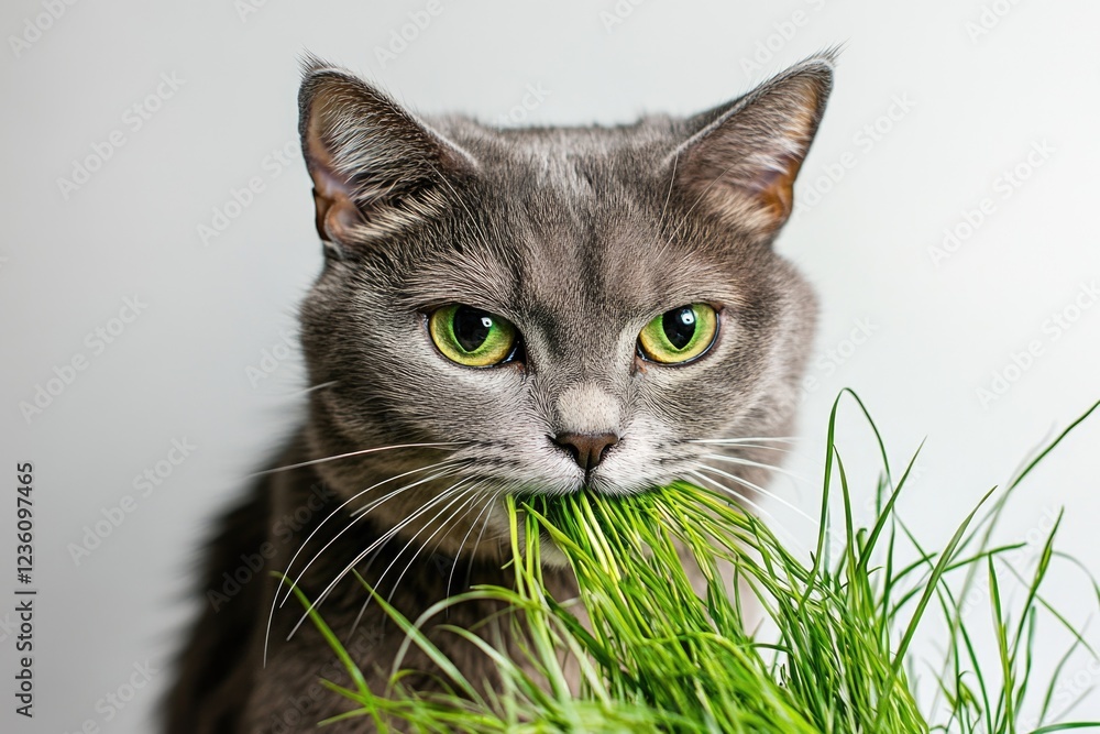 A gray cat with bright green eyes munching on some fresh grass