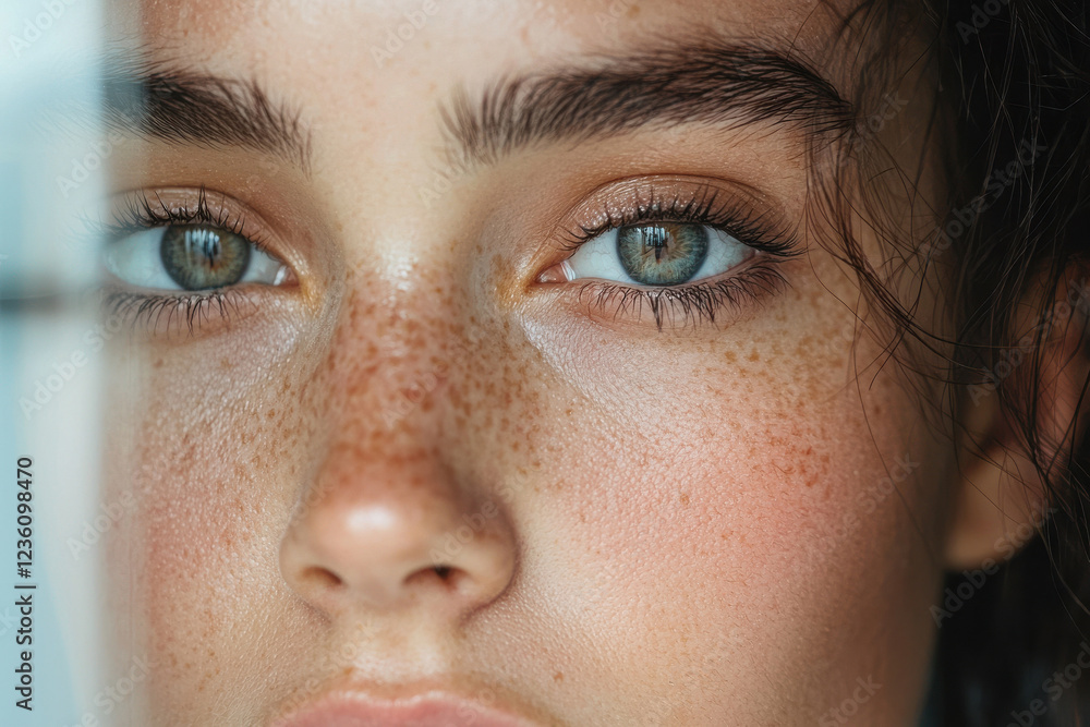 Obraz premium Close-up of young caucasian female with freckles and blue-green eyes