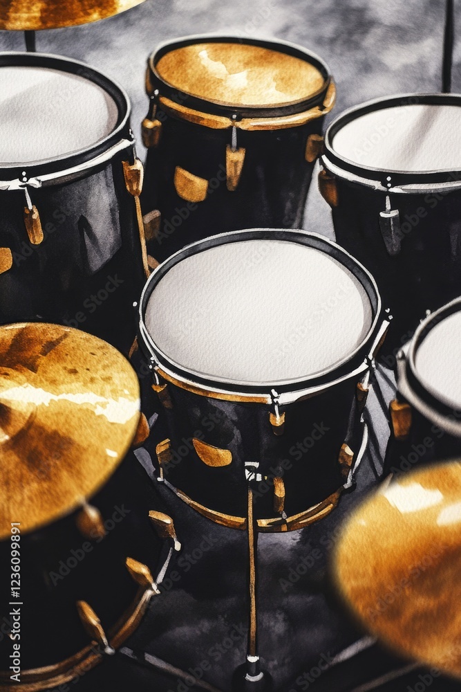 A collection of drums placed on a tabletop for playing or display A collection of drums placed on a tabletop for playing or display