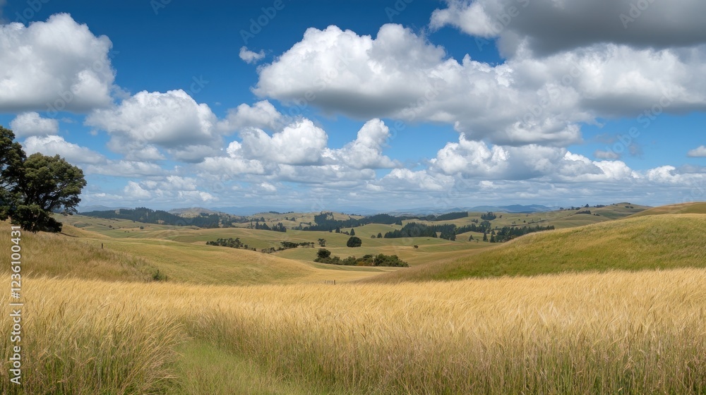 A serene landscape featuring rolling hills and a blue sky with fluffy clouds. A serene landscape featuring rolling hills and a blue sky with fluffy clouds.