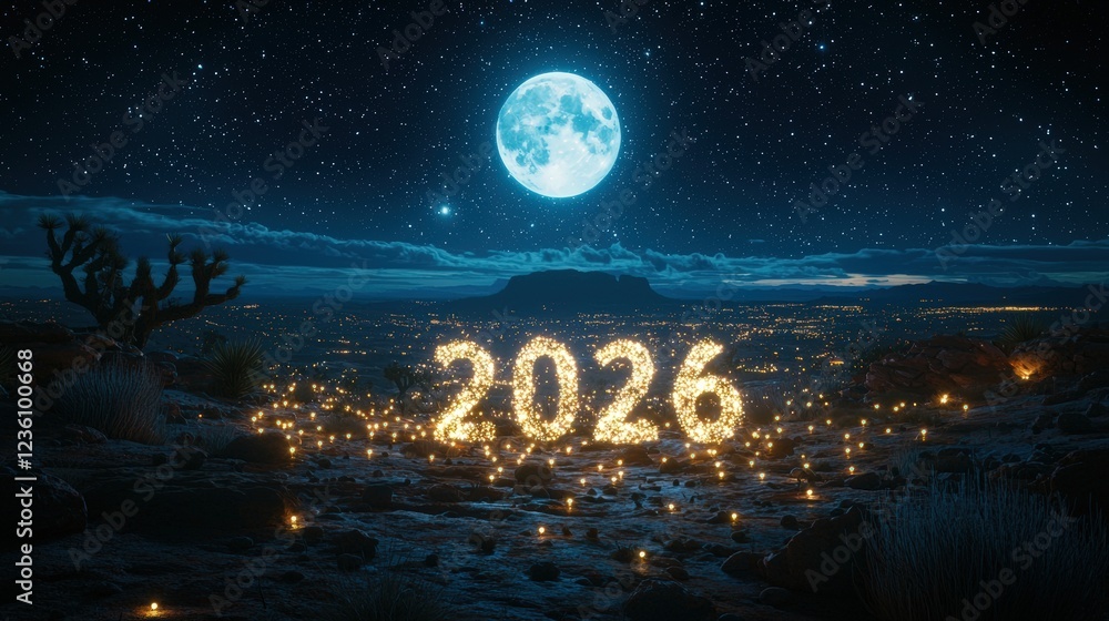 Naklejka premium Shimmering Stars and Moonlit Landscape with Floating Text in 2026 Celebration Theme at Night