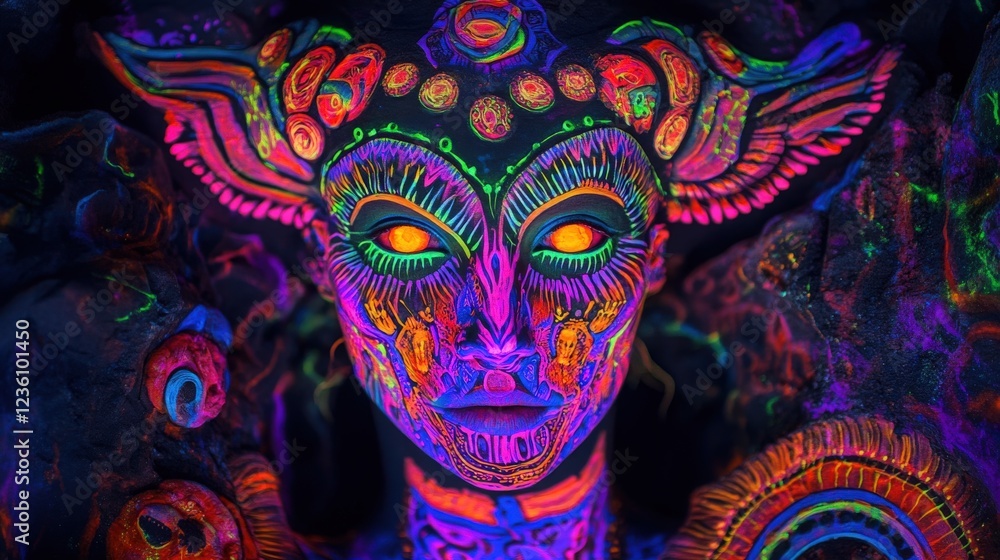 A high-contrast, blacklight portrait where the subject's body is painted in fluorescent pink, orange, and green UV-reactive patterns, glowing vividly against a dark background A high-contrast, blacklight portrait where the subject's body is painted in fluorescent pink, orange, and green UV-reactive patterns, glowing vividly against a dark background