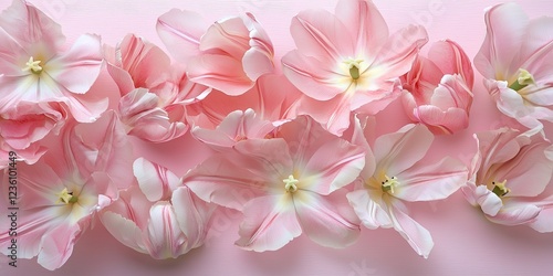 Pink Tulip Blossoms and Petals on Pink Background Delicate Floral Arrangement Spring Theme Romantic Feminine Design
