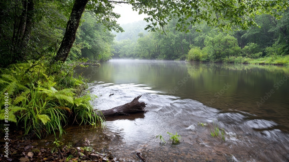 Fototapeta premium Peaceful river flowing soft ripples concept. A serene river scene surrounded by lush greenery and mist, creating a tranquil and natural atmosphere.
