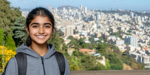 A girl with long black hair and a big smile stands at a viewpoint with a sprawling city skyline behind her on a clear day. She is dressed in a casual hoodie and has a backpack photo