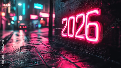 Vibrant Neon Graffiti Artwork Depicting the Year 2026 in a Futuristic Urban Setting with Reflections in Rain