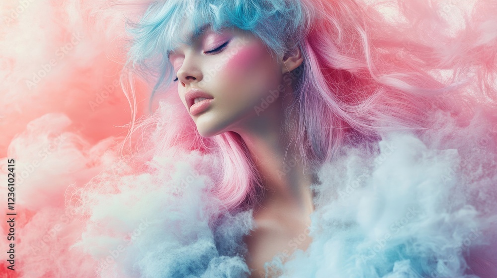 A surreal portrait of a model with pastel pink and blue hair, wearing a cloud-like dress made of soft, feathery textures, standing in a dreamlike atmosphere filled with floating candy-colored mist A surreal portrait of a model with pastel pink and blue hair, wearing a cloud-like dress made of soft, feathery textures, standing in a dreamlike atmosphere filled with floating candy-colored mist